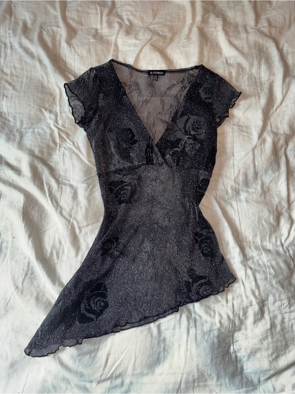 le chateau y2k glitter Black Sheer Floral Asymmetrical top xs